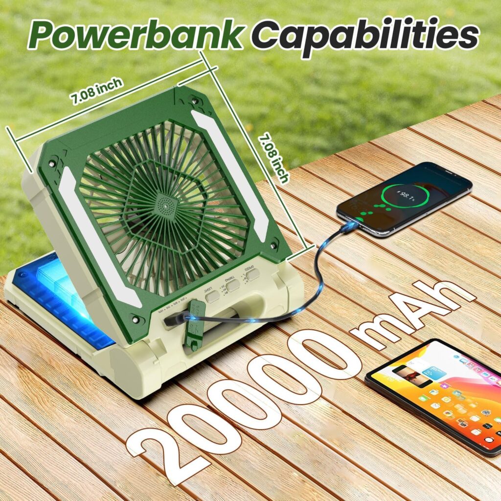 20000mAh Rechargeable Solar Camping Fan with Led Lantern, 3 Speeds Cordless Battery Powered Portable Fan with PowerBank,Timer  Hanging Hook, Quiet Desk Fan for Tent Hurricane Worksite (Green)