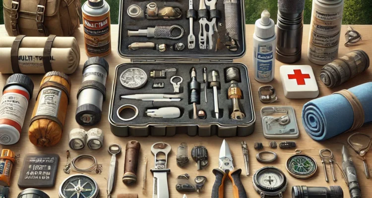 A detailed scene displaying the best survival tools and gear for outdoor survival. The setup includes a multi-tool, a sturdy knife, a fire starter kit