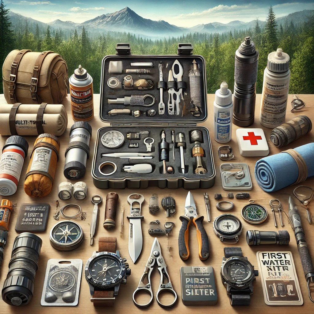 A detailed scene displaying the best survival tools and gear for outdoor survival. The setup includes a multi-tool, a sturdy knife, a fire starter kit