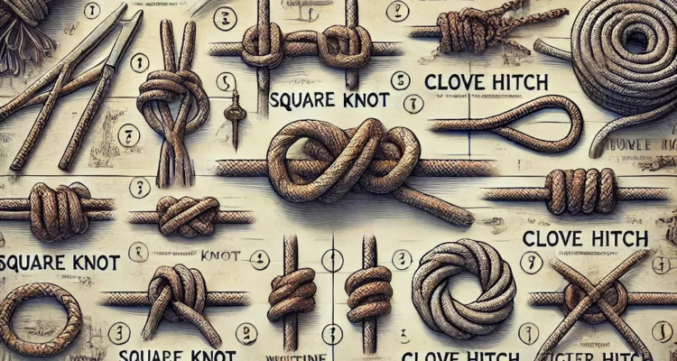 An instructional scene showing various survival knots. The scene includes detailed illustrations of several knots such as the bowline, square knot