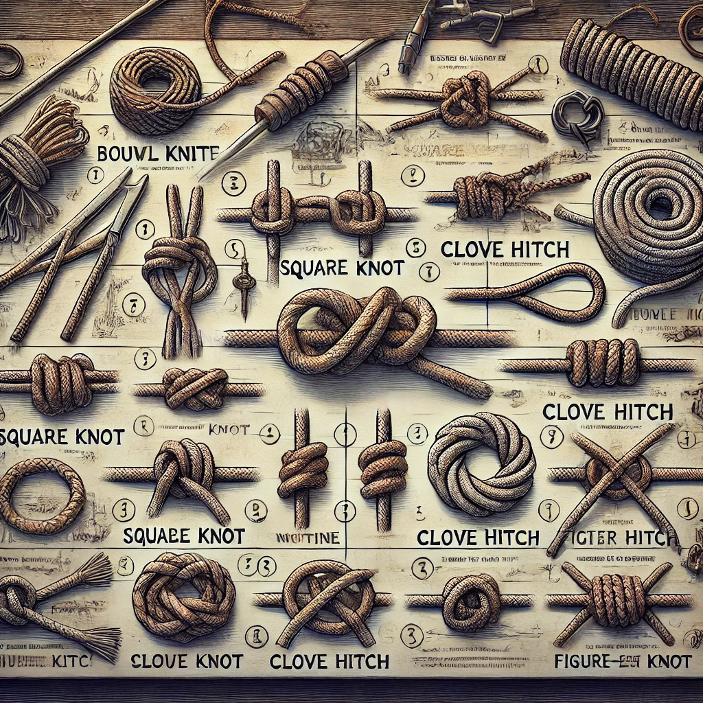 An instructional scene showing various survival knots. The scene includes detailed illustrations of several knots such as the bowline, square knot