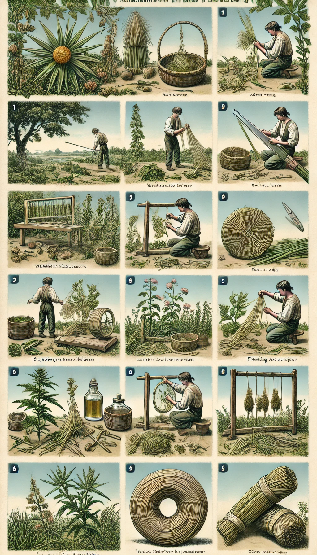 An outdoor scene demonstrating how to make cordage from natural materials. The setup includes a person showing the process of selecting, harvesting