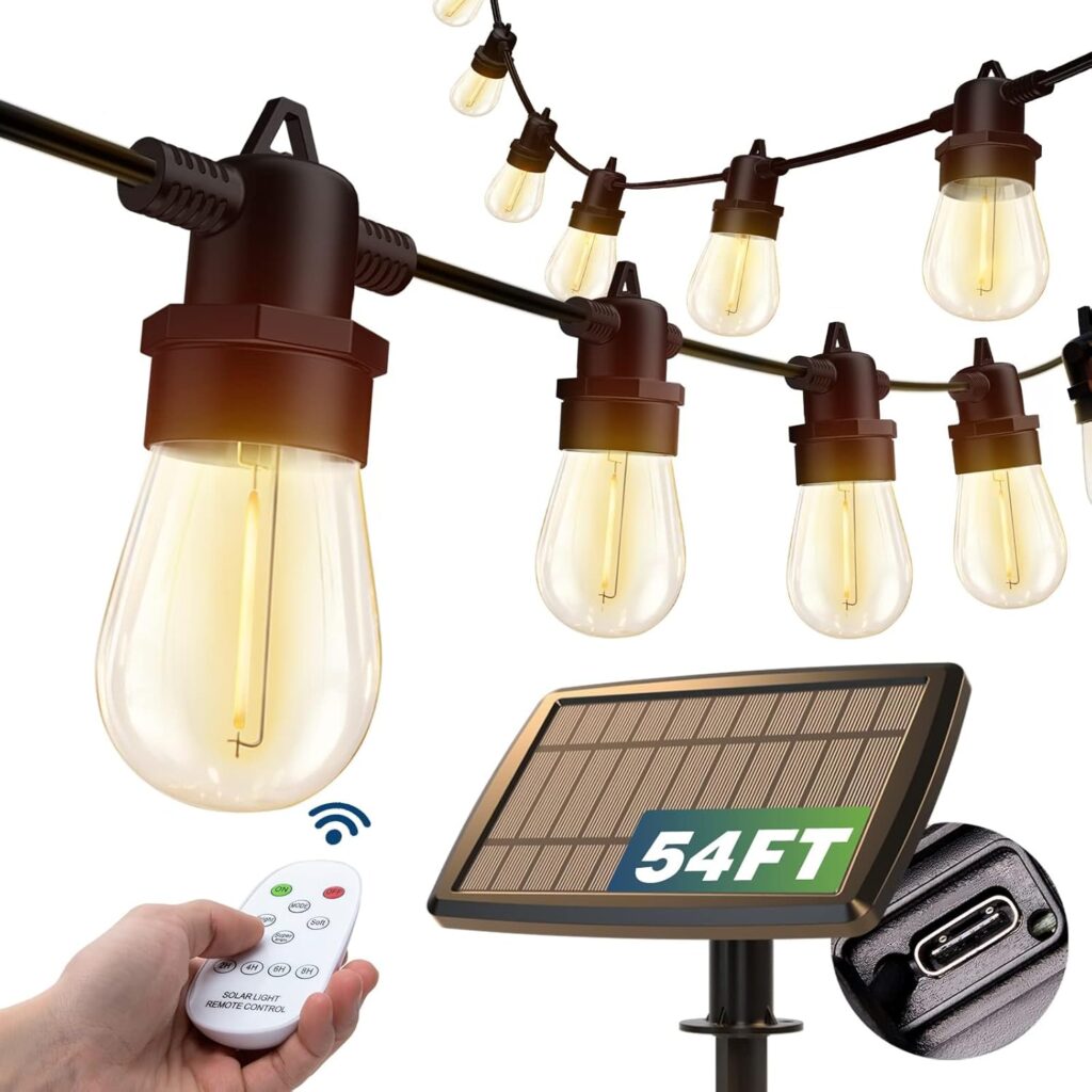 addlon 54(48+6) FT Solar String Lights Outdoor Waterproof with USB Port  Remote Control Solar Patio Lights Long Last for 20+Hrs Dimmable Solar Power LED Bulbs for Porch Garden Market Bistro