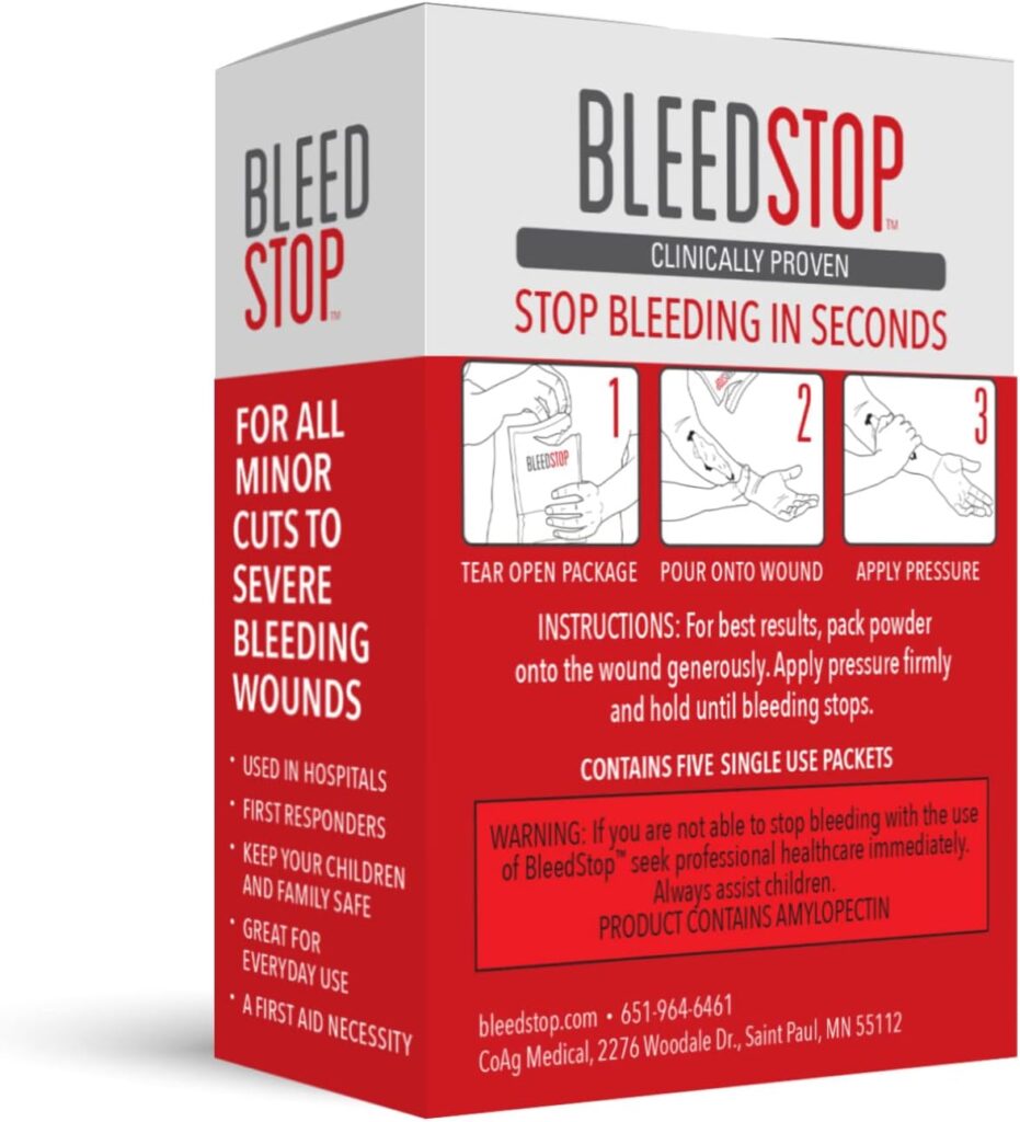 BleedStop™ First Aid Powder for Blood Clotting, Trauma Kit, Blood Thinner Patients, Camping Safety, and Survival Equipment for Moderate to Severe Bleeding Wounds or Nosebleeds - 4 (15g) Pouches