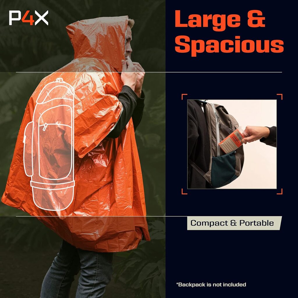 PREPARED4X Emergency Rain Poncho with Mylar Blanket Liner - Survival Blankets for Car - Heavy Duty, Waterproof Camping Gear