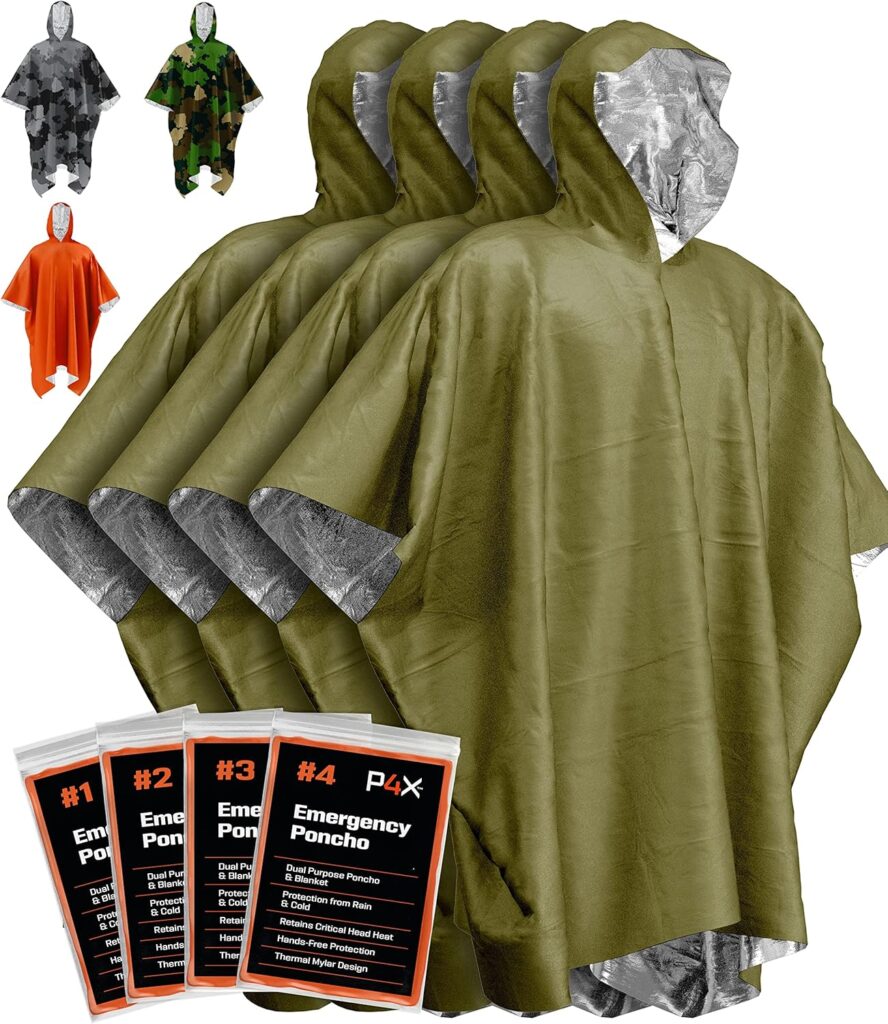 PREPARED4X Emergency Rain Poncho with Mylar Blanket Liner - Survival Blankets for Car - Heavy Duty, Waterproof Camping Gear