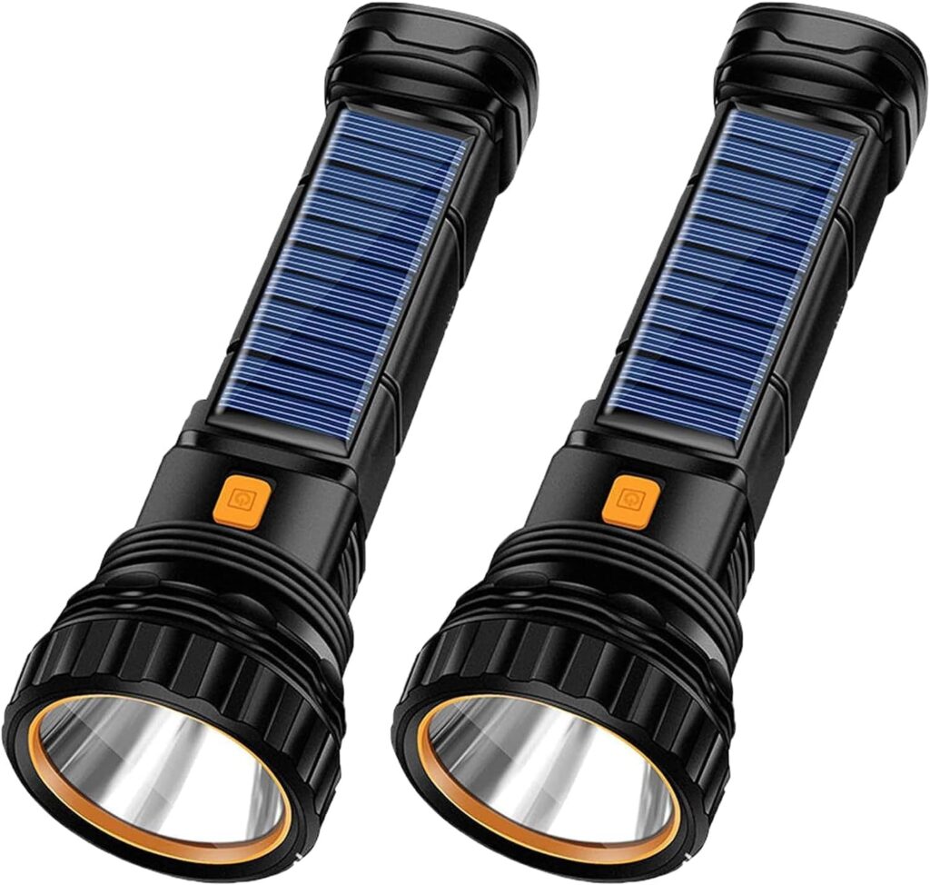 2pcs Solar/Rechargeable Multi Function 1000 Lumens LED Flashlight, with Emergency Strobe Light and 1200 Mah Battery, Emergency Power Supply and USB Charging Cable, Fast Charging (2PC)