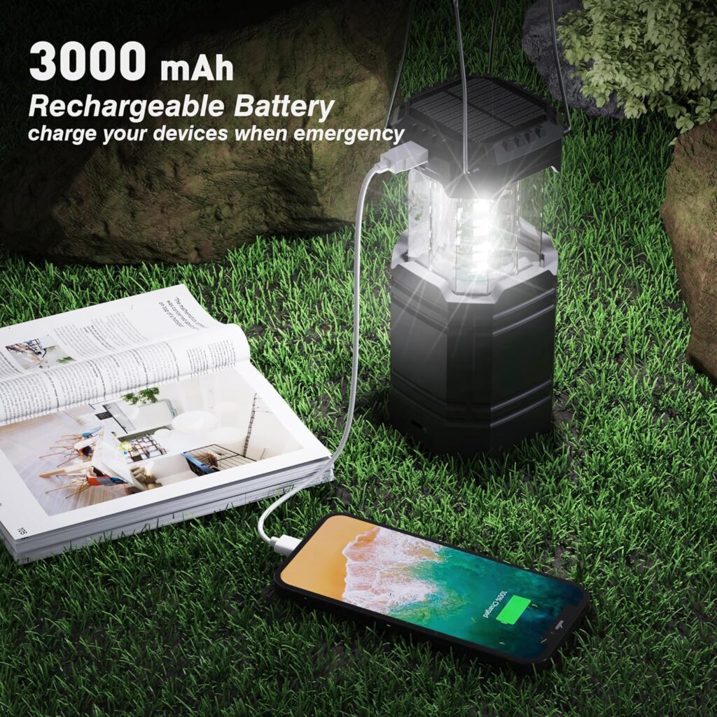 3000 Large Capacity Hand Crank Solar Camping Lantern, Portable Ultra Bright LED Torch, 23-26 Hours Running Time, USB Charger, Electronic Lantern for Outdoor