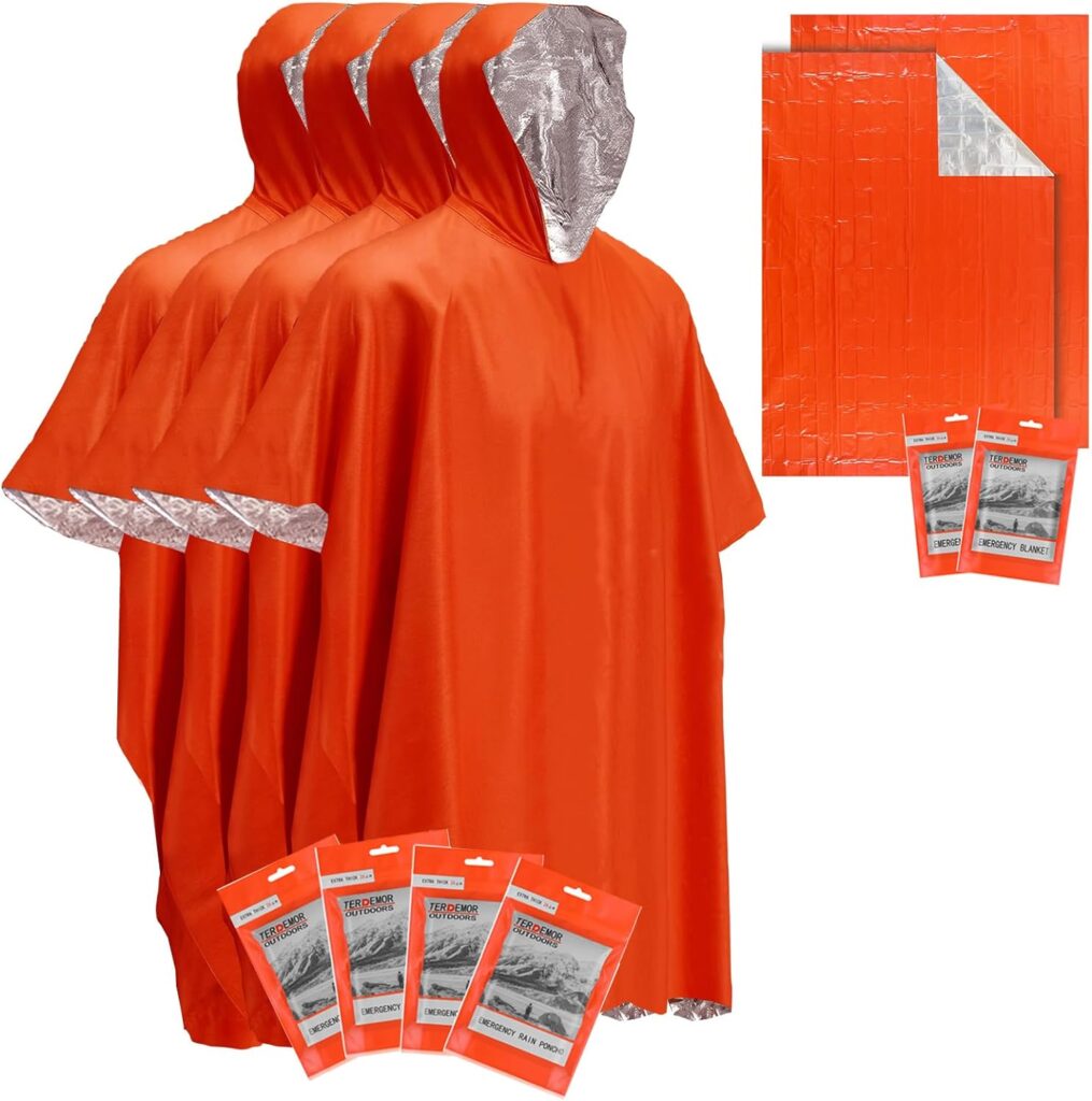 Emergency Poncho 4 Pack (53 x 51), Emergency Blanket 2 Pack (82 x 60) with Mylar Blanket Liner, Larger and Thicker Survival Blanket