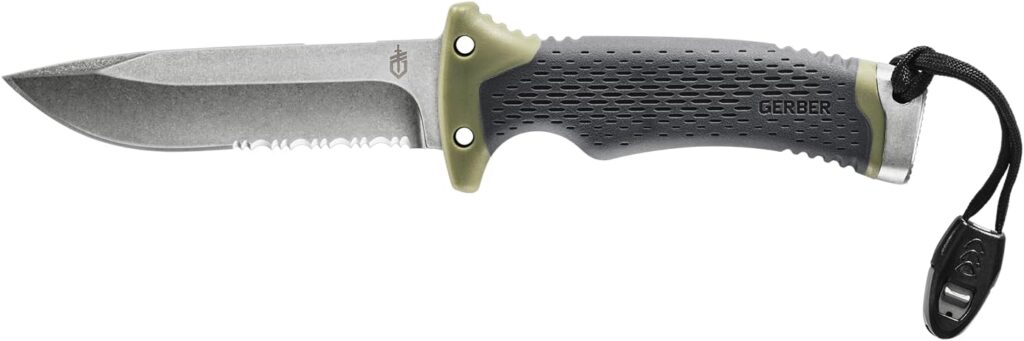 Gerber Gear Ultimate Outdoors Survival Knife - Fixed Blade Knife for Hunting, Fishing, Foraging, Camping, and Bushcraft with Fire Starter, Sharpener, Whistle, and Sheath - 4.75” Stainless Steel Blade