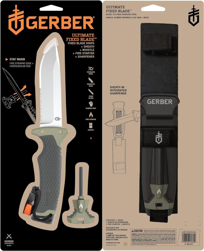 Gerber Gear Ultimate Outdoors Survival Knife - Fixed Blade Knife for Hunting, Fishing, Foraging, Camping, and Bushcraft with Fire Starter, Sharpener, Whistle, and Sheath - 4.75” Stainless Steel Blade