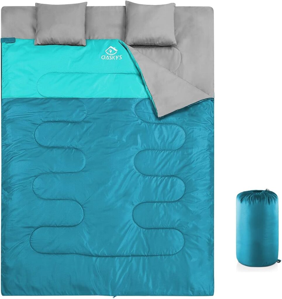 oaskys Double Sleeping Bag for Adults with 2 Pillows - Queen Size XL Waterproof Sleeping Bag for All Season Camping Hiking Backpacking 2 Person Sleeping Bags for Cold Weather  Warm