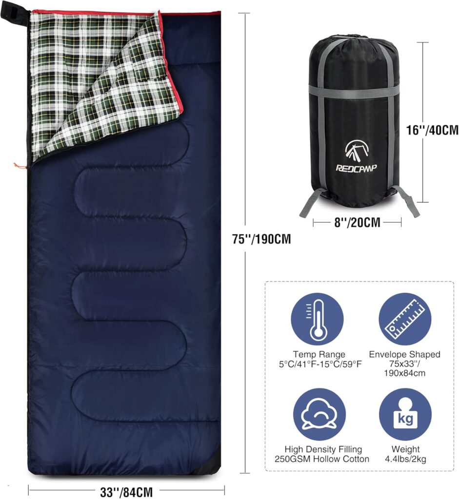 REDCAMP Cotton Flannel Sleeping Bag for Camping Backpacking, Adults Cold Weather Envelope Sleeping Bags with 2/3/4lbs Filling