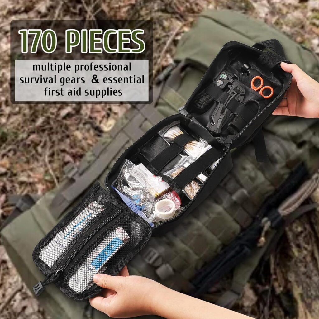 170 PCS Survival Kits, Survival First Aid Kit/Trauma Kit with Essential Survival Gear Emergency Medical Supplies for Hiking Camping Backpacking Outdoor Adventure, Gifts for Him Dad Men