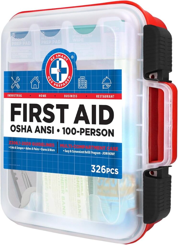 Be Smart Get Prepared First Aid Kit Hard Red Case 326 Pieces Exceeds OSHA and ANSI Guidelines 100 People - Office, Home, Car, School, Emergency, Survival, Camping, Hunting and Sports (20HBC01015REV3)