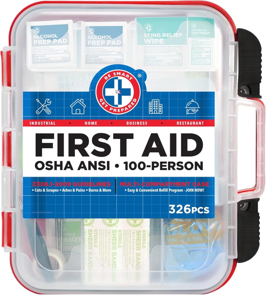 Be Smart Get Prepared First Aid Kit Hard Red Case 326 Pieces Exceeds OSHA and ANSI Guidelines 100 People - Office, Home, Car, School, Emergency, Survival, Camping, Hunting and Sports (20HBC01015REV3)