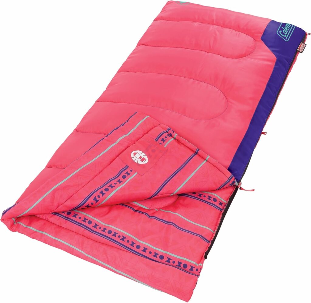 Coleman Kids 50°F Sleeping Bag, Comfortable Youth Sleeping Bag for Sleepovers  Camping, Fits Children up to 5ft Tall, Glow in The Dark Design, Stuff Sack Included, Machine Washable