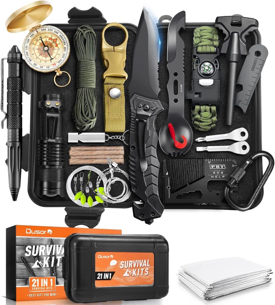 Dusor Gifts for Men Him Christmas, 21 in 1 Survival Kit, Cool Gadget for Dad, Emergency Survival Gear and Equipment, Gifts for Husband, Stocking Stuffers for Camping Fishing Hunting, Camping Essential