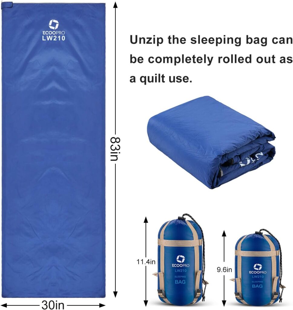 ECOOPRO Warm Weather Sleeping Bag - Portable, Waterproof, Compact Lightweight, Comfort with Compression Sack - Great for Outdoor Camping, Backpacking  Hiking-83 L x 30 W Fits Adults