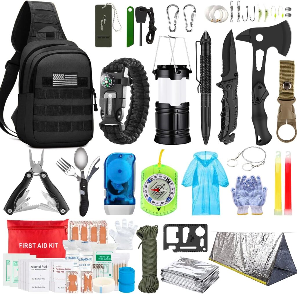 Emergency Survival Kit, 151 Pcs Survival Gear First Aid Kit, Outdoor Trauma Bag with Tactical Flashlight Knife Pliers Pen Blanket Bracelets Compass for Camping Earthquake or Adventures