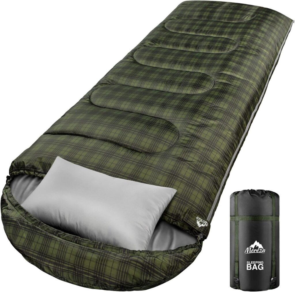 MEREZA Sleeping Bag for Adults Mens Kids with Pillow, XL Sleeping Bag for All Season Camping Hiking Backpacking 3-4 Seasons Sleeping Bags for Cold Weather  Warm