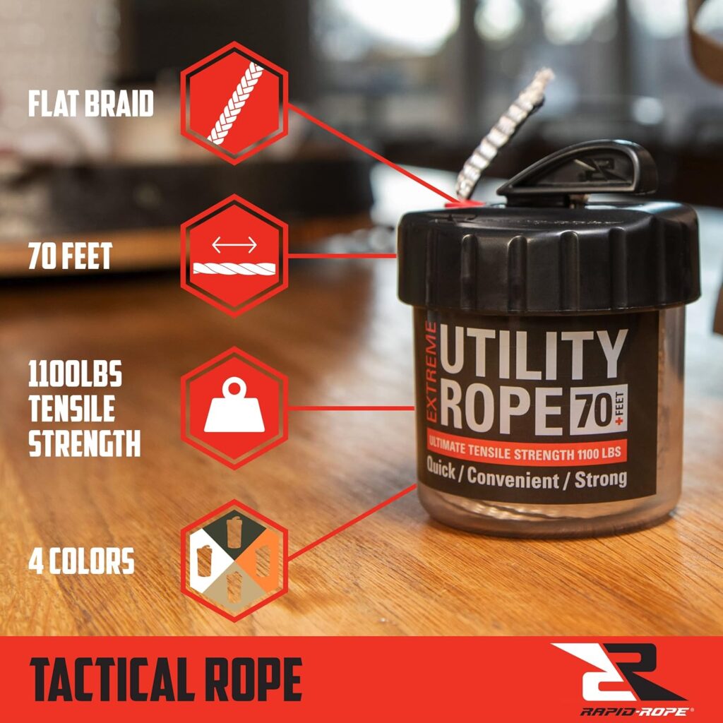 Rapid Rope Canister 120ft Orange Flat Tactical Paracord, Made in USA, 1100lb Tested Heavy Duty Poly Rope Test Cord, Non-Tangle Dispenser Included - Perfect Stocking Stuffer or Gift for Men and Women