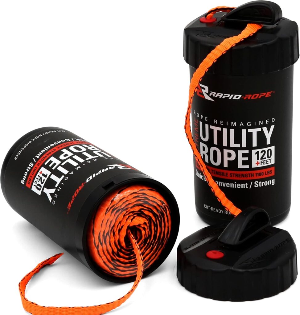 Rapid Rope Canister 120ft Orange Flat Tactical Paracord, Made in USA, 1100lb Tested Heavy Duty Poly Rope Test Cord, Non-Tangle Dispenser Included - Perfect Stocking Stuffer or Gift for Men and Women