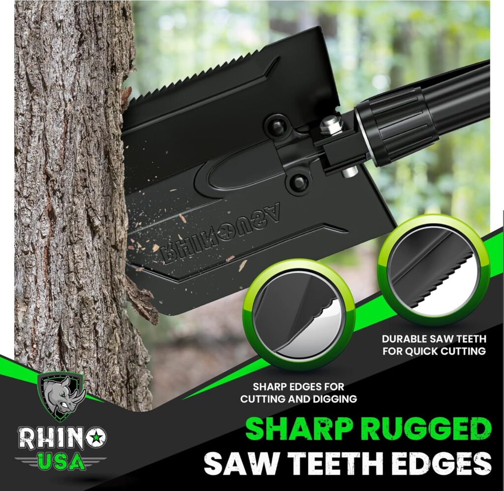 Rhino USA Survival Shovel w/Pick - Heavy Duty Carbon Steel Military Style Entrenching Tool for Off Road, Camping, Gardening, Beach, Digging Dirt, Sand, Mud  Snow. (Survival Shovel)