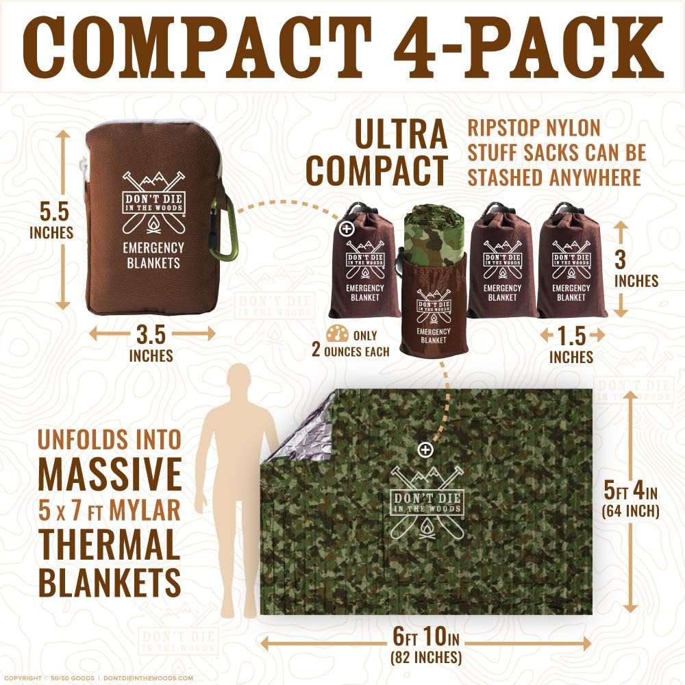 Dont Die In The Woods - Freakin’ Huge Emergency Blankets [4-Pack] Extra-Large Thermal Mylar Space Blankets with Ripstop Nylon Stuff Sacks + Carabiner Zipper Pack [Survival Orange]