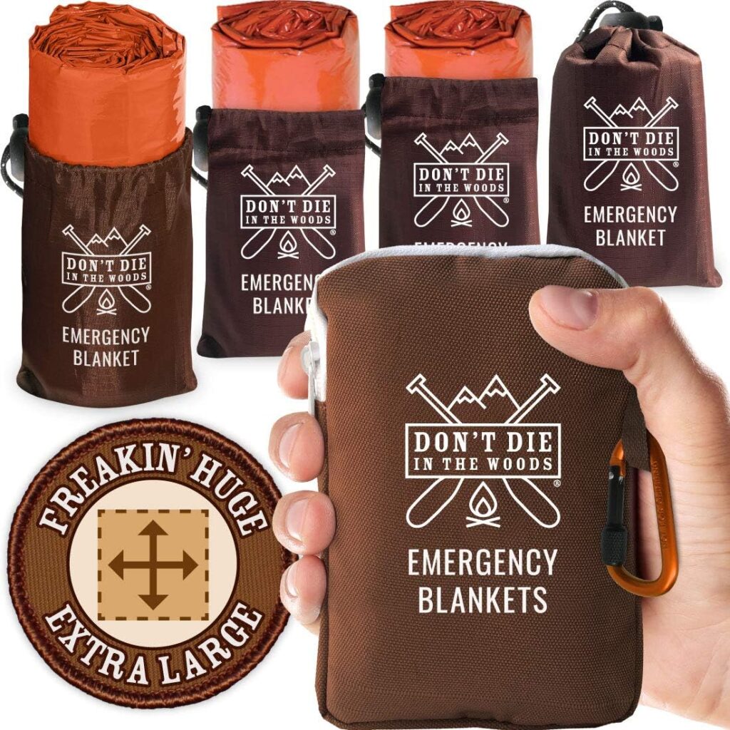 Dont Die In The Woods - Freakin’ Huge Emergency Blankets [4-Pack] Extra-Large Thermal Mylar Space Blankets with Ripstop Nylon Stuff Sacks + Carabiner Zipper Pack [Survival Orange]