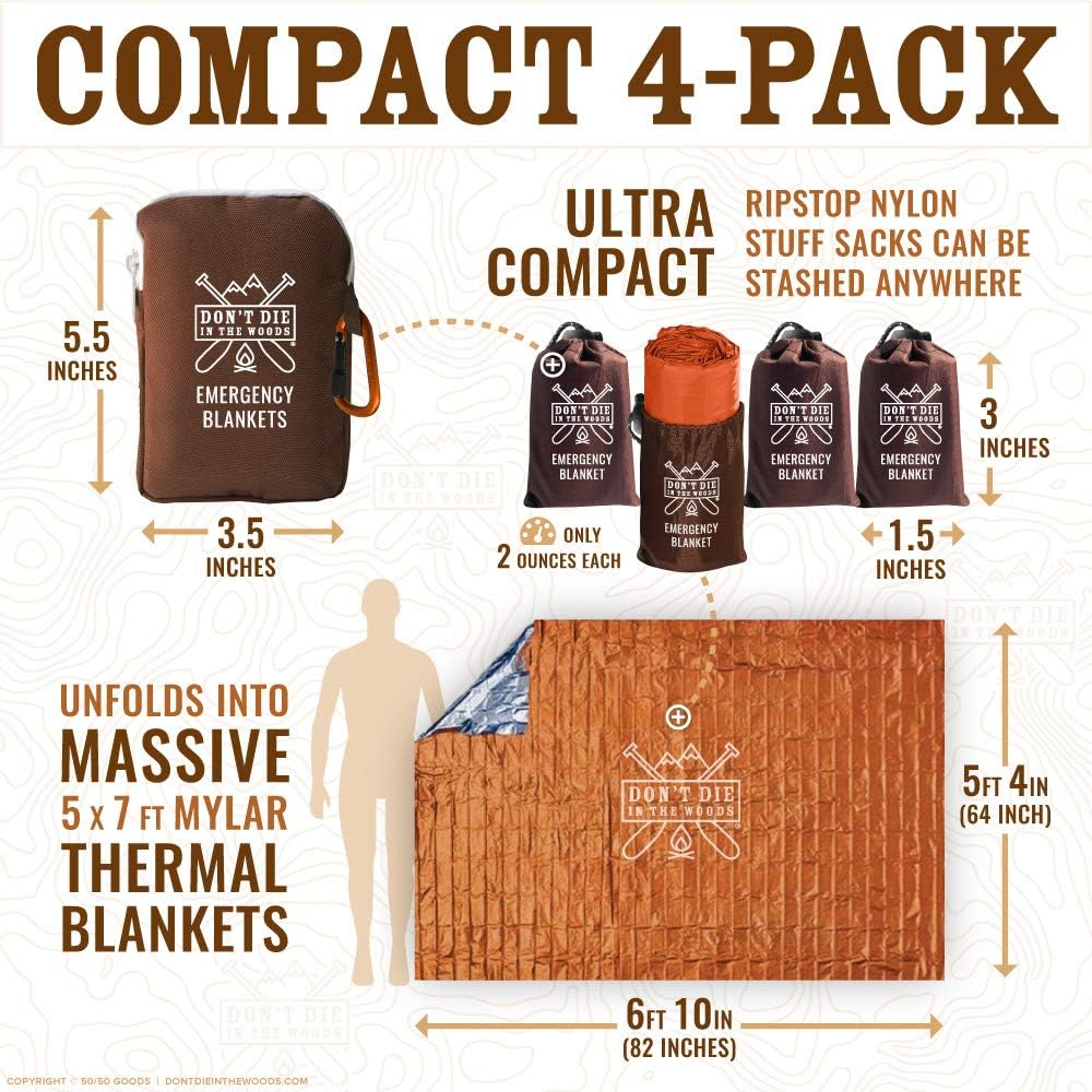 Dont Die In The Woods - Freakin’ Huge Emergency Blankets [4-Pack] Extra-Large Thermal Mylar Space Blankets with Ripstop Nylon Stuff Sacks + Carabiner Zipper Pack [Survival Orange]