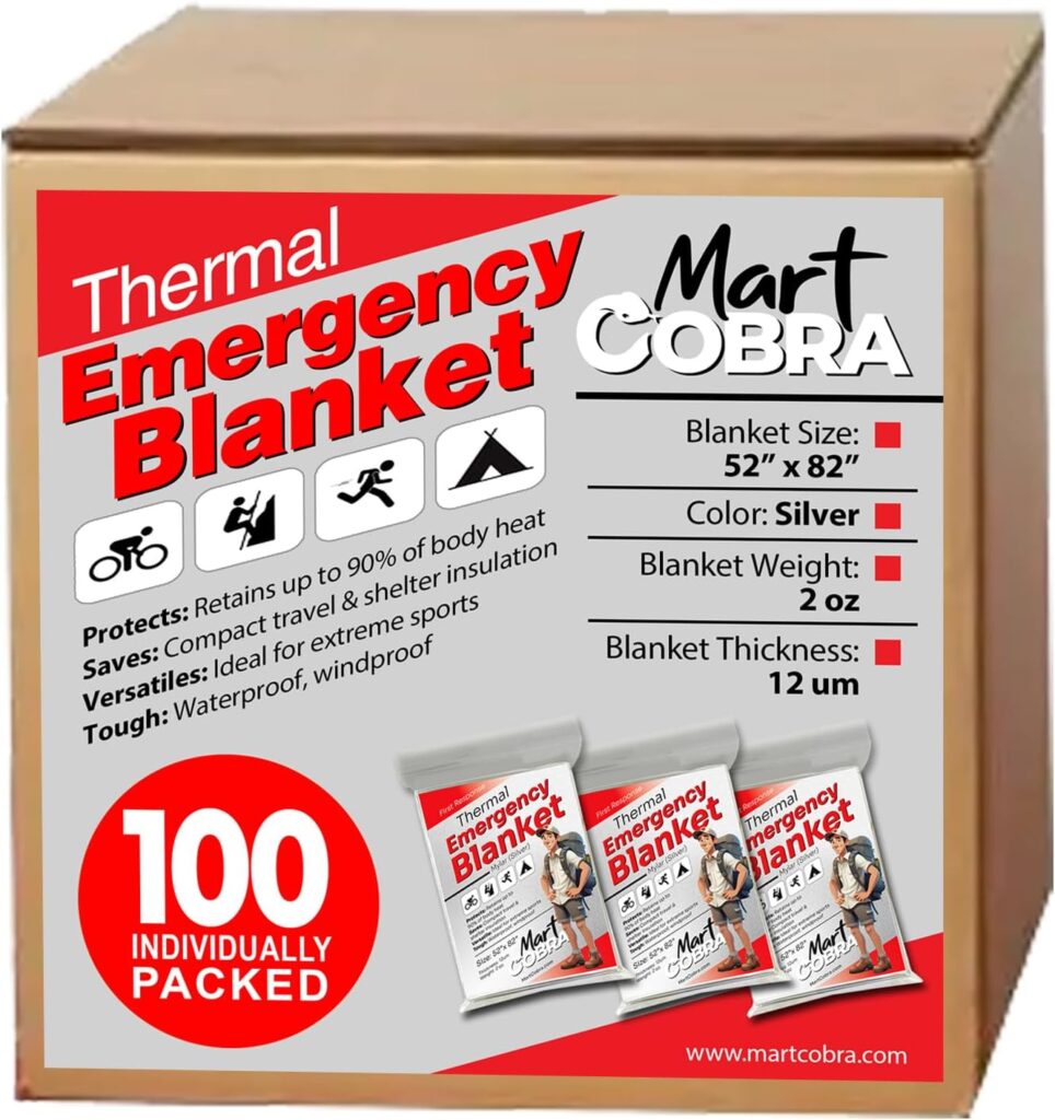 Emergency Blankets for Survival Gear and Equipment x100, Space Blanket, Mylar Blankets, Thermal Blanket, Survival Blanket, Survival Kits Emergency Kit, Emergency Supplies, Foil Blanket Camping Shelter