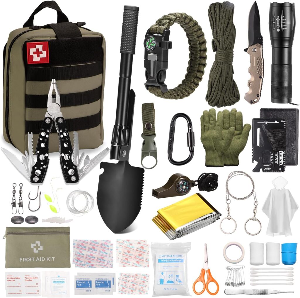 Emergency Survival Kit and First Aid Kit, Self Defense Kit Safety Kit, Survival Gear and Equipment with Tactical Molle Pouch and Emergency Tent, Outdoor Adventure, Hiking, Hunting, Gifts for Men Women