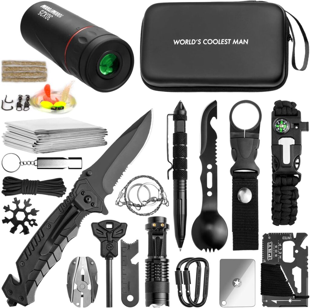 Emergency Survival Kit Gifts for Men Husband Dad, 34 in 1 Survival Gear and Equipment for Camping Hiking Outdoors Adventures, Birthday Christmas for Men Boyfriends Fathers