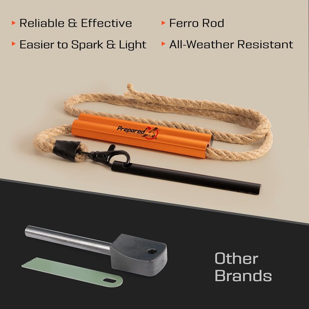 Fire Starter Survival Tool - All-in-One Flint and Steel Fire Starter Kit - Ferro Rod Fire Starter with 36 Waterproof Tinder Wick Rope and Steel Fire Striker - Patented Firestarter | Prepared4X