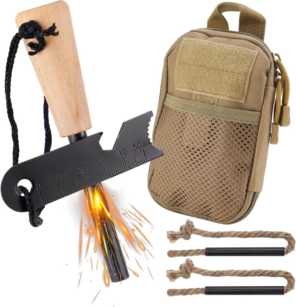 Fire Starter Survival Tool, Fire Starter Kit Includes Magnesium Rod, Steel Striker, 2 Pcs Wick Hemp Rope and Multifunctional Outdoor Bag, Fire Starters for Campfires Hiking Survival Training Gift