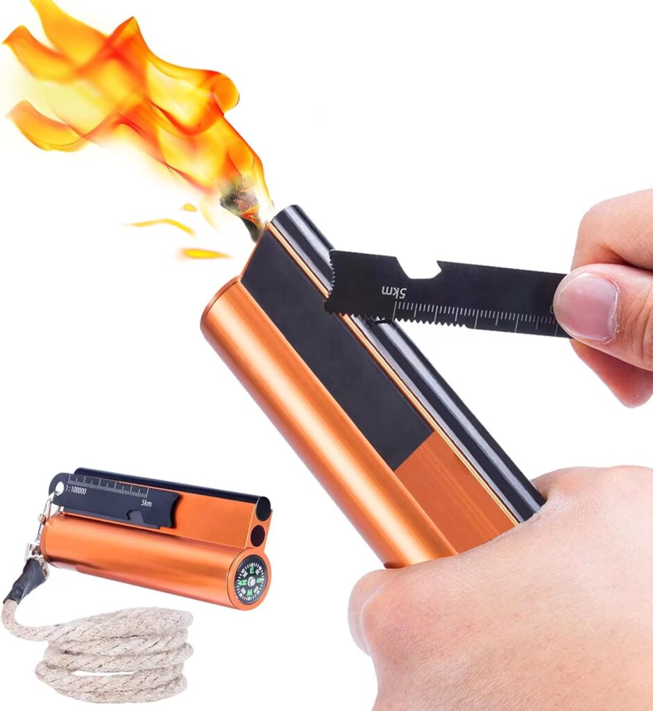 Fire Starter with Compass, Survival Tool Fire Starter Kit, Waterproof Tinder Wick Rope Fire Starter, All-Weather Magnesium Ferro Rod Fire Starter