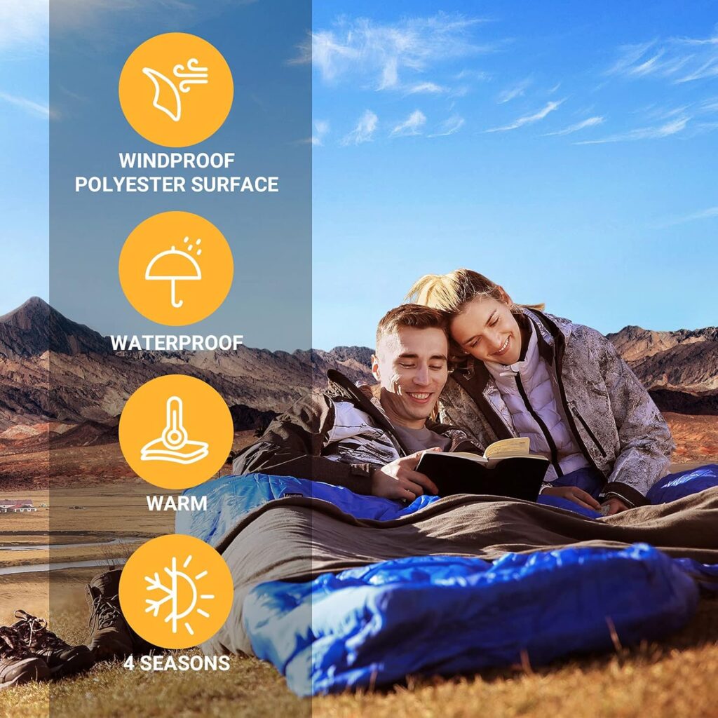 KingCamp 87 x 59 Inch 2 Person 20 Degree Lightweight Waterproof Couple Family Sleeping Bag with 2 Pillows for Camping, Hiking,  Backpacking