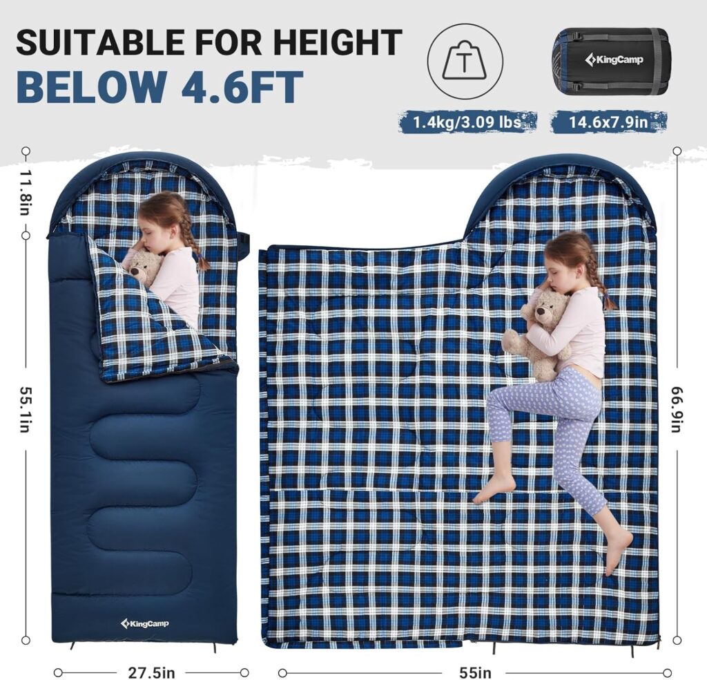 KingCamp Sleeping-Bags Kids Sleeping Bag Flannel Lined Cold Weather 3-4 Season Sleeping Bag for Teens Youth Child Boys Girls