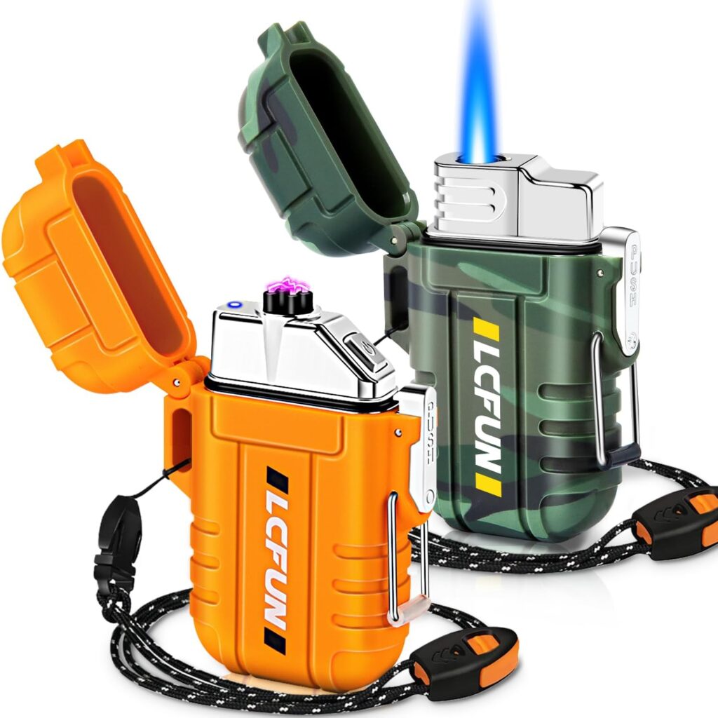 LcFun 2 Pack Waterproof Lighter, Windproof Torch Lighter Butane Refillable, Electric Dual Arc Lighter USB Rechargeable, Flameless Plasma Lighter with Whistle for Camping, Hiking, Survival Gear