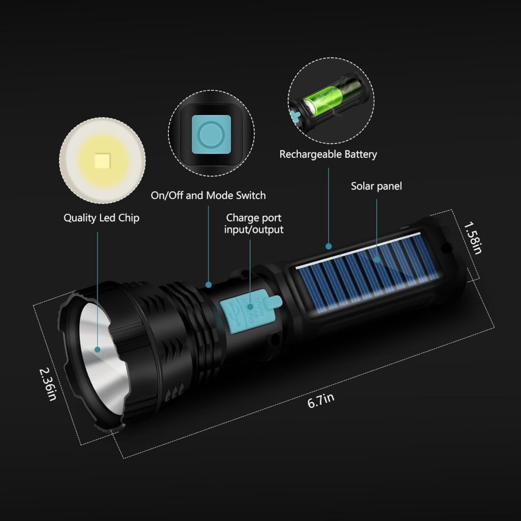 Led Solar Flashlight, 1500 Lumens Led Solar Handheld Rechargeable Flashlights with IP65 Waterproof, 2000mAh Battery for Survival Emergencies Camping (1 Pack)