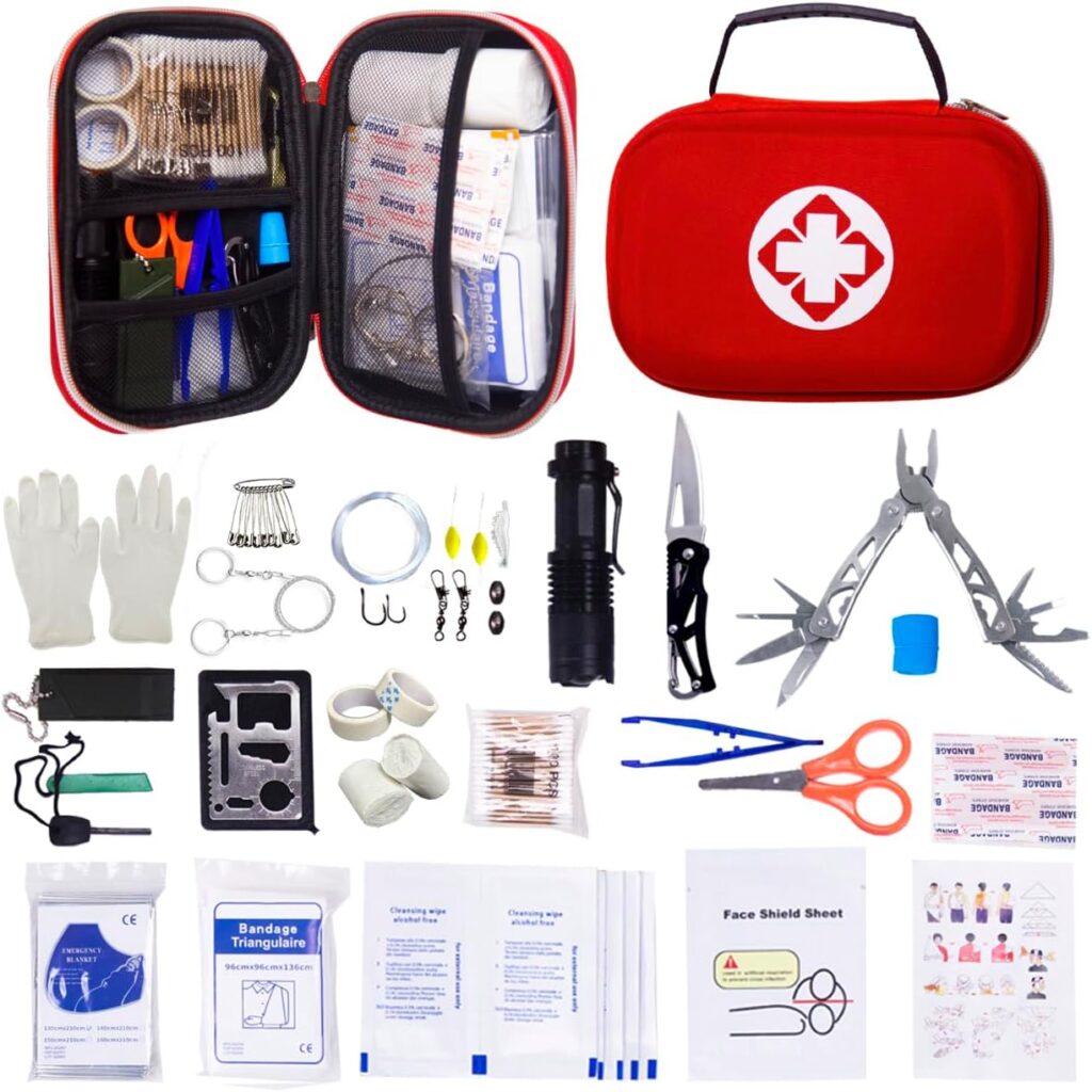 Outdoor Emergency Survival Kit, Survival Gear Complete, Wild Gear Kit with Fishing Tools, Flint, Blanket, Flashlight Great Gift for Climbing Camping Hiking Hunting Fishing