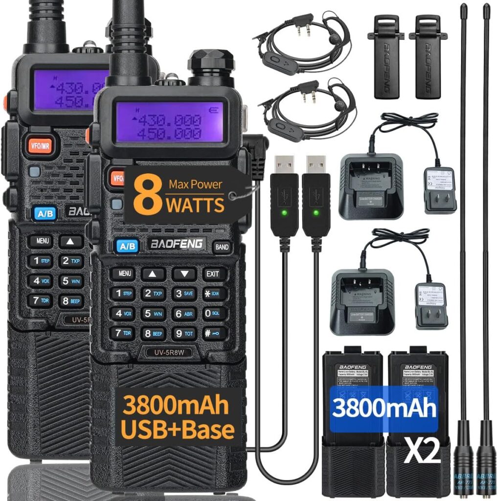 BAOFENG UV-5R Ham Radio Long Range 8W UV5R Dual Band 3800mAh Rechargeable Extended Battery Walkie Talkies for Adults Handheld Portable 2 Two Way Radio Full Kit for Hunting Survival Gear,2Pack