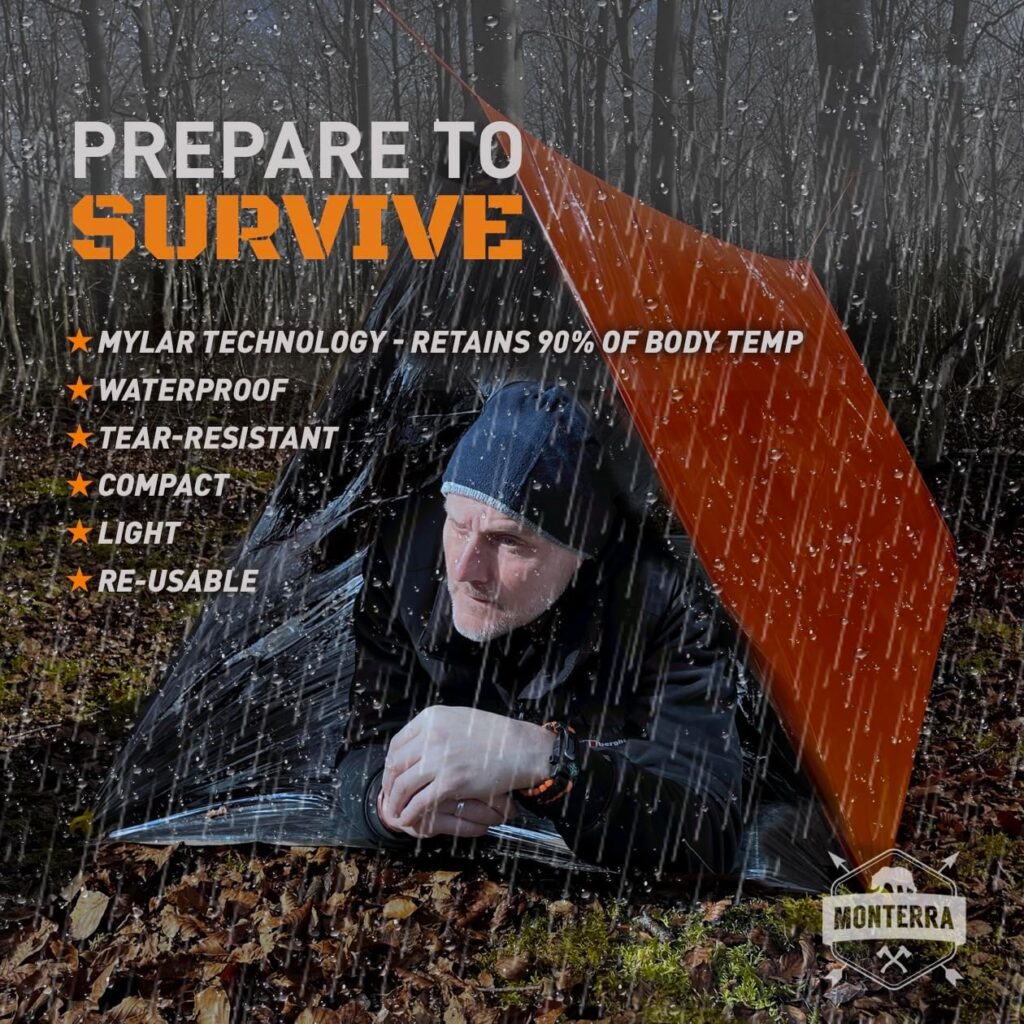 Emergency Tent, 2 Person Survival Shelter, Thermal Mylar, Waterproof, Outdoor Camping Gear and Equipment, Survival Kits, Compact Bivvy Tarp, Includes Paracord and Accessories.