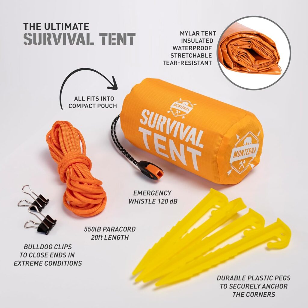 Emergency Tent, 2 Person Survival Shelter, Thermal Mylar, Waterproof, Outdoor Camping Gear and Equipment, Survival Kits, Compact Bivvy Tarp, Includes Paracord and Accessories.