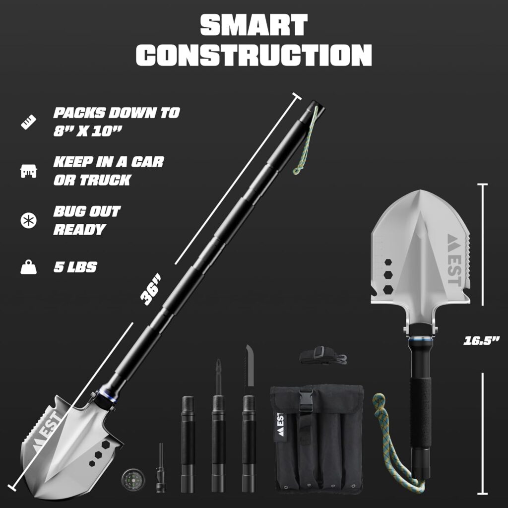 Survival Shovel - The Ultimate 18-in-1 Camping Shovel for Hiking, Overlanding and Metal Detecting - Keep in Your Emergency Kit or Bug Out Bag - Lifetime Replacement