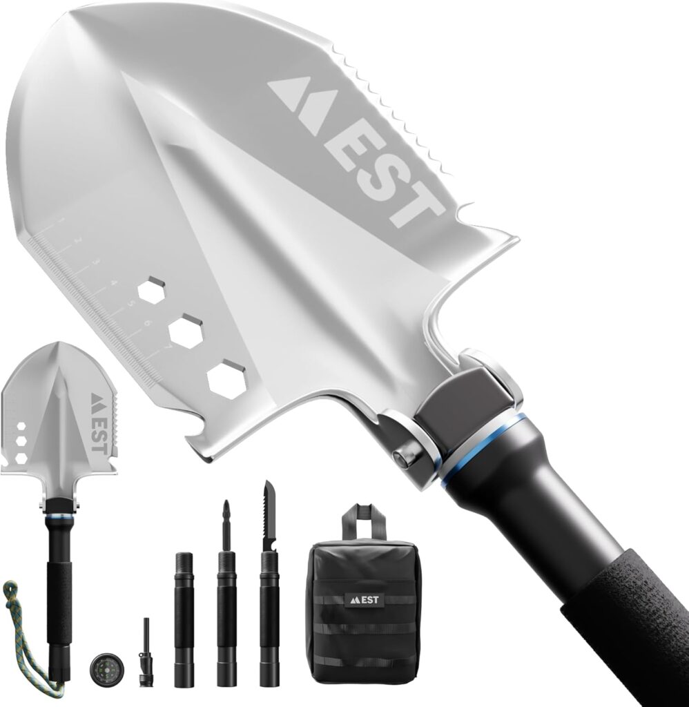 Survival Shovel - The Ultimate 18-in-1 Camping Shovel for Hiking, Overlanding and Metal Detecting - Keep in Your Emergency Kit or Bug Out Bag - Lifetime Replacement